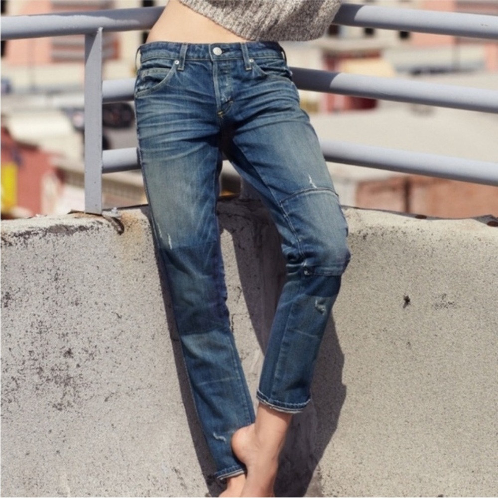 AMO Tomboy Beloved Button Fly Distressed Moto Jean